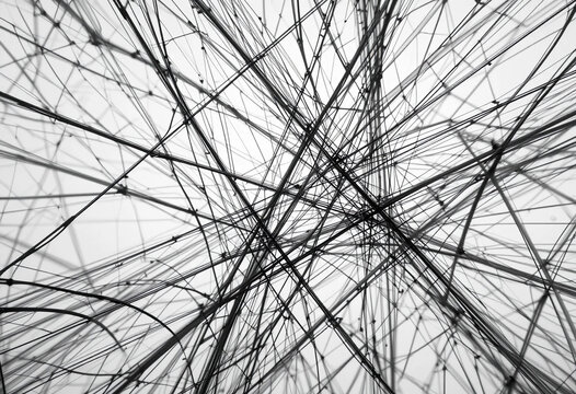 Intricate web of black lines creates an abstract pattern against a light background, showcasing dynamic movement and complexity in design