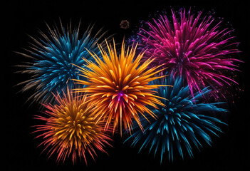 Colorful fireworks burst in the night sky, creating a festive atmosphere during a celebration