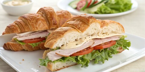 Delicious Croissant Sandwiches with Ham, Cheese, Tomato, and Lettuce on a White Plate