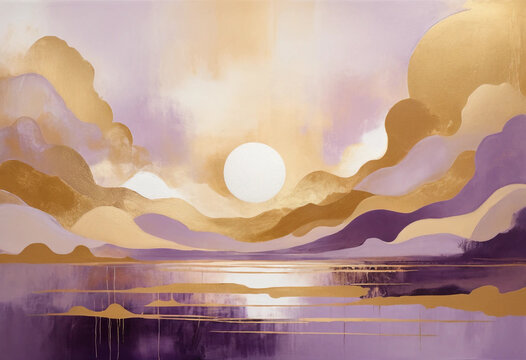 Majestic sunrise over tranquil waters with golden clouds and serene landscape showcasing warm hues of purple, gold, and white