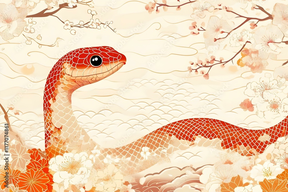 Poster year of the snake patterns, intricate designs symbolizing the year of the snake, vibrant colors and 