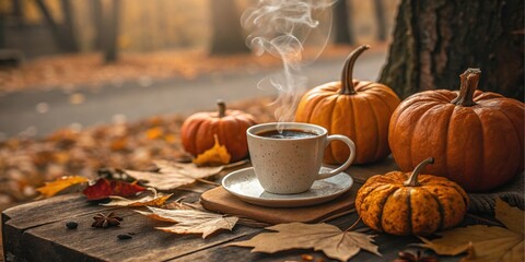 Autumnal Still Life A steaming cup of coffee nestled amongst pumpkins and fallen leaves on a rustic wooden surface.