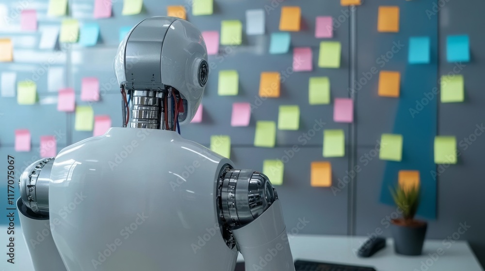 Poster ai robot organizing ideas with sticky notes - project management and office work concept
