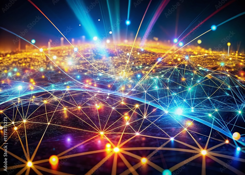 Poster abstract data stream: glowing network of interconnected nodes representing digital information flow.
