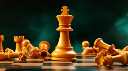procrastination and focus concept. Golden chess king surrounded by fallen pieces on a dark background.