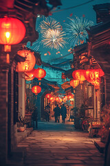 Naklejka premium A peaceful town at night during a traditional Chinese festival. The streets are lined with houses adorned with bright red lanterns hanging from doorways, casting a warm glow. In the distance, the sou