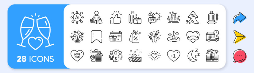 Fireworks rocket, Delivery and Buyer line icons. Interest rate, AI generate, Inflation icons. Pack of Discount tags, Heart, Love her icon. Father day, Present, Baggage pictogram. Vector
