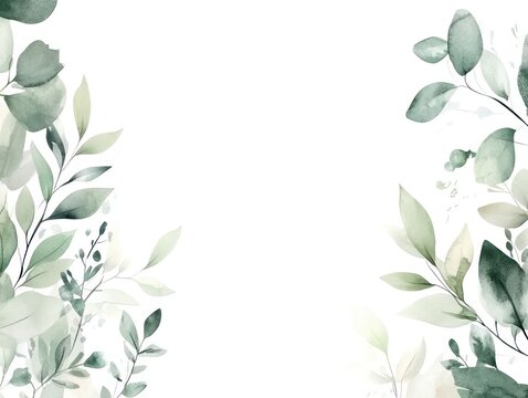 Watercolor green foliage frame with leaves on white background