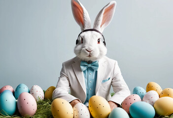 Inspirational Easter celebration features a bunny dressed in a suit with headphones surrounded by colorful eggs, radiating festive vibes and joy