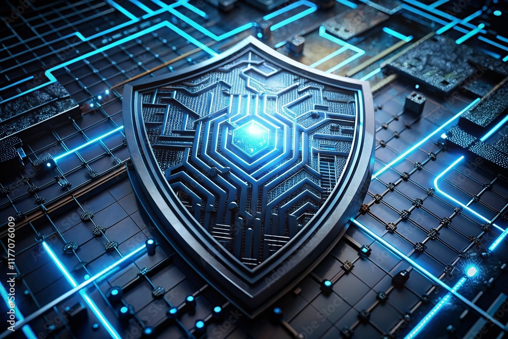 Poster abstract digital shield architecture: coded security wall, data protection concept