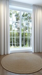 Cozy Scandinavian living room showcasing a sofa, green tree, and soft textiles, creating a serene, minimalistic atmosphere