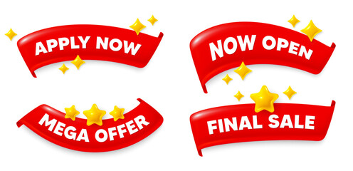 Apply now flag ribbon. Mega discount, Final sale, Now open. Apply now. Register today sign. Job hiring symbol. Red flag ribbon banners. Promo offer tags. Vector