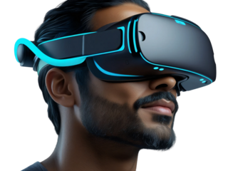 Indian man using a vr virtual reality headset isolated on transparent background