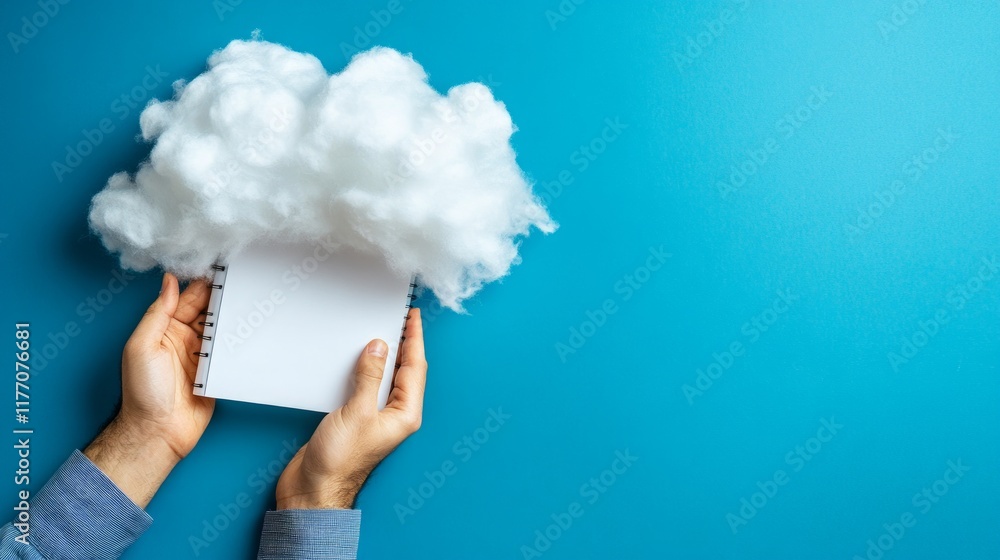 Poster procrastination and time-management concept. hands holding a blank notebook with a cloud above on a 