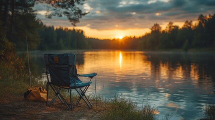 Fototapeta premium Serene lakeside fishing spot with chair and rod set against a beautiful landscape