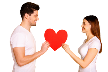 Close up side profile photo amazing beautiful she her he him his guy lady look eyes lovely hold hands arms big paper heart figure postcard wear casual white t-shirts isolated yellow background