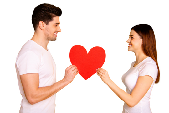 Close up side profile photo amazing beautiful she her he him his guy lady look eyes lovely hold hands arms big paper heart figure postcard wear casual white t-shirts isolated yellow background