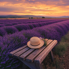 A lavender field under a vibrant golden sunset with a table in the middle