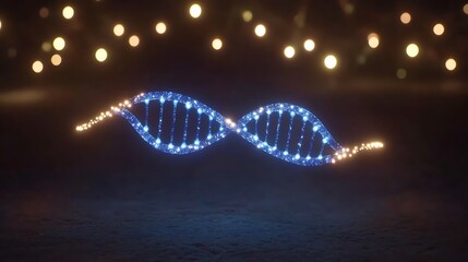 Glowing DNA helix, night, bokeh background, science.