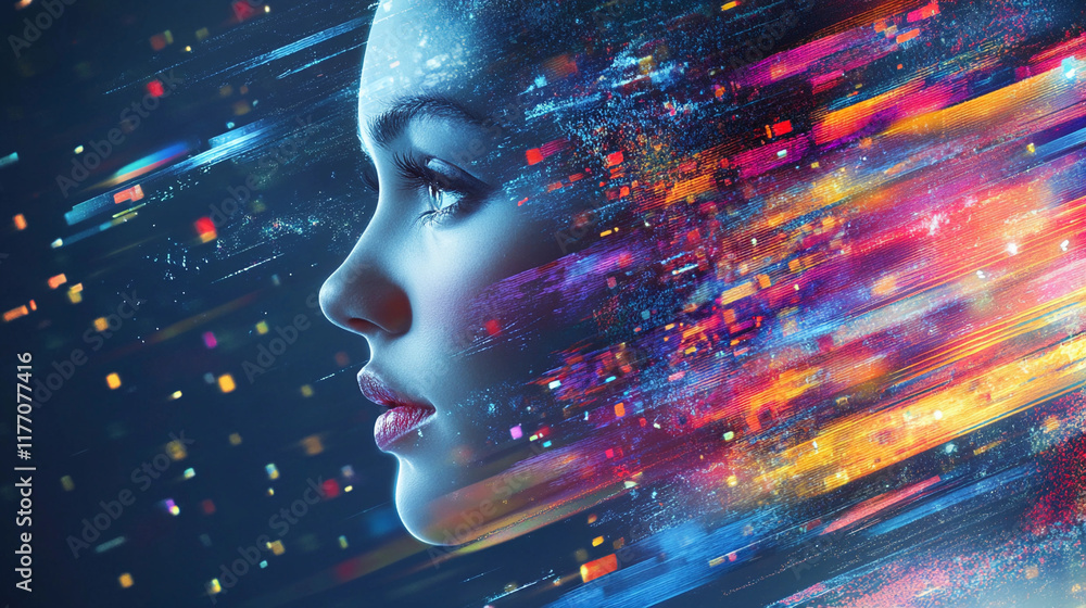 Poster creating vibrant digital art with an abstract portrait of a woman. generative ai