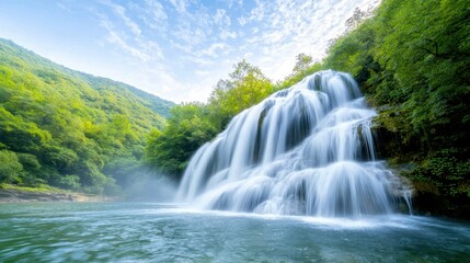 Fototapeta premium The Jiulong waterfall in Luoping, China is a breathtaking natural wonder characterized by a series of cascading streams intertwining amongst vibrant green foliage