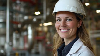 A confident professional wearing a hard hat and lab coat stands in a factory, displaying a friendly smile. The background reveals machinery, emphasizing the industrial environment