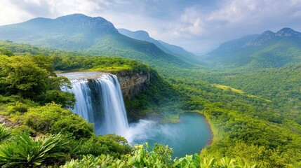 Fototapeta premium A wide panoramic view of a lush, green tropical jungle with a stunning waterfall cascading down into a crystal clear pool, surrounded by vibrant foliage and towering trees.