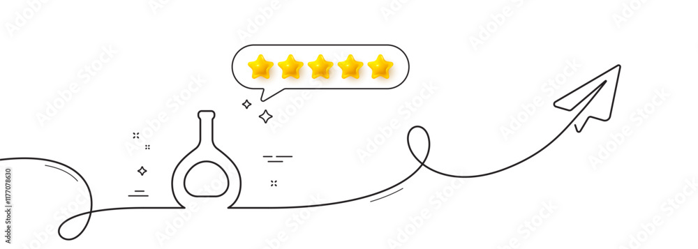 Poster cognac bottle line icon. continuous line with share plane. brandy alcohol sign. five star rate revie
