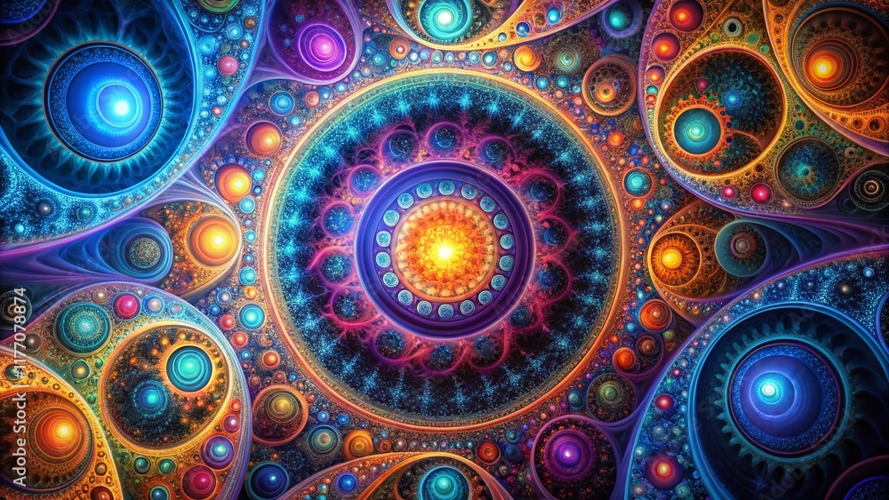 Poster abstract fractal background with circles: right-aligned composition, ample copy space