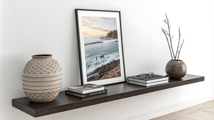 Minimal home decor shelving with modern poster and vases for interior design inspiration.