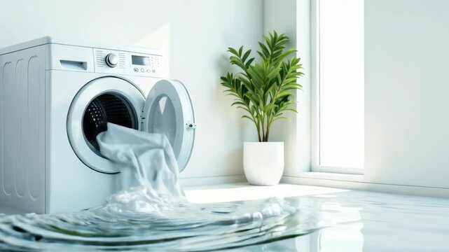 Leaky washing machine flooded the floor with water. Broken washing machine, leak causing damage, flooding problem