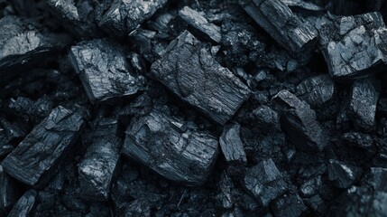 Charcoal chunks of varying shapes and sizes lie on a dark surface, illustrating their rough texture and deep black color, ideal for grilling or artistic applications