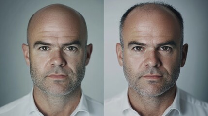 A man stands in a controlled environment, showcasing two sides of his head. One side displays a bald appearance while the other features hair. This highlights hair restoration possibilities