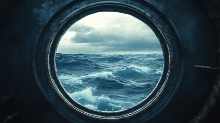 Fototapeta premium Waves crashing against the hull of a ship as seen through a circular porthole on a stormy day in the open sea