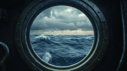 Fototapeta premium Churning waves and dramatic skies viewed from a ship's porthole during an overcast afternoon at sea