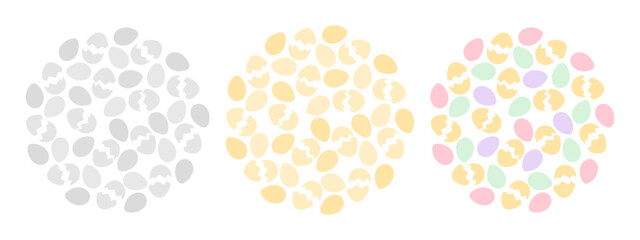 Eggs and Cracked eggshell Circular Backgrounds colorful, golden and grayscale Set 3. Easter backdrop
