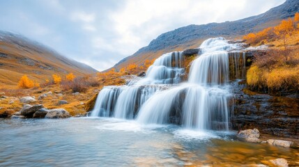 Obraz premium The set of isolated waterfalls consists of several cascading streams of water plunging down a steep mountainside, creating a mesmerizing display of natural beauty and power.