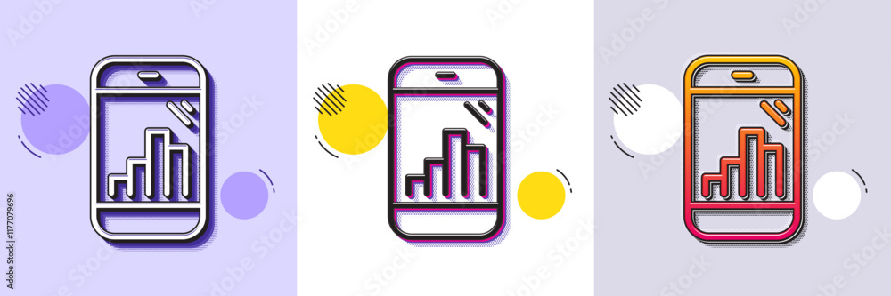 Poster graph phone line icon. halftone dotted pattern. gradient icon with grain shadow. column chart sign. 