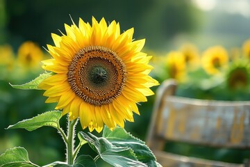 Fototapeta premium Single sunflower blooming in field with chair, blurred background of sunflower field at sunrise