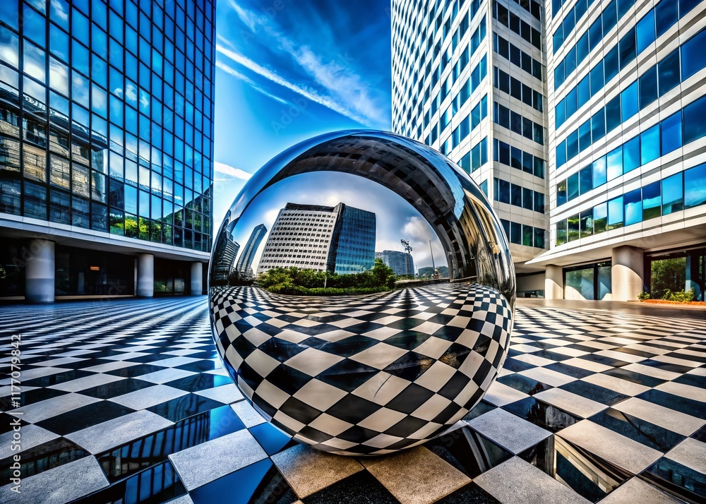 Poster abstract geometric architecture: chequered ball reflection in modern building