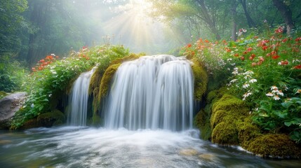 Obraz premium The elegant waterfall flows gracefully down the moss covered rocks, creating a soothing sound as it cascades into the crystal clear pool below