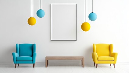 Modern Minimalist Living Room with Pastel Blue and Yellow Armchairs, Bench, and Hanging Spheres