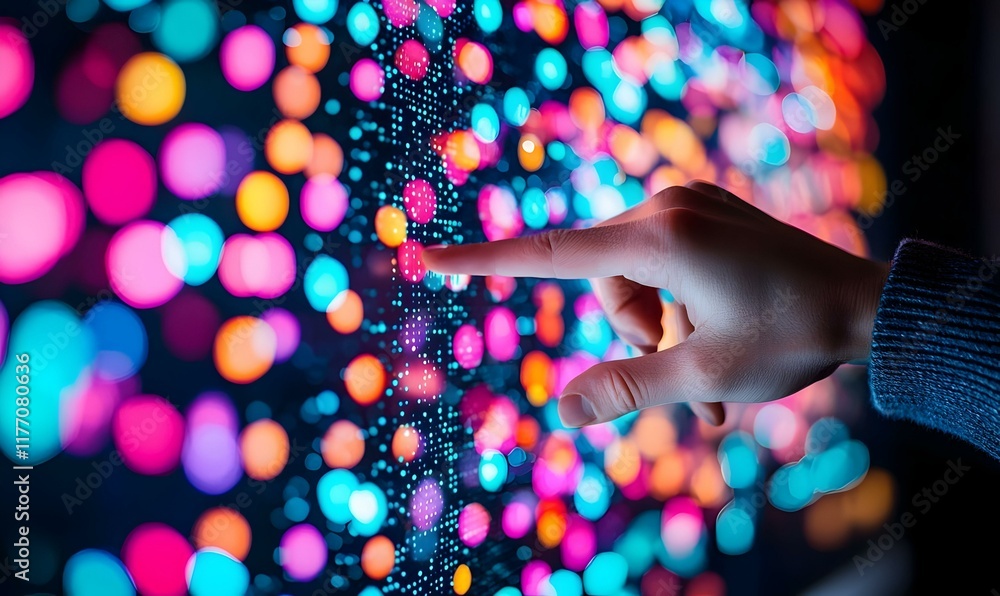 Aufkleber digital interaction, close-up of hands engaged with a vibrant touchscreen interface, showcasing tech