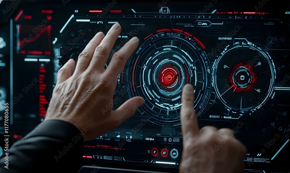 Poster digital interaction, hands engaged with a vibrant touchscreen interface, showcasing technology's rol