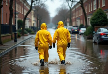Obraz premium Flood Rescue Operations: Yellow-Suited Workers Brave the Elements in Submerged Streets