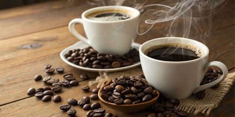 Two steaming cups of freshly brewed coffee with roasted beans on a rustic wooden table