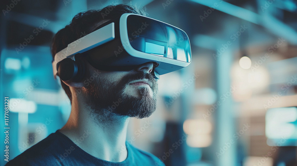 Poster man experiences virtual reality in a modern digital design environment. generative ai