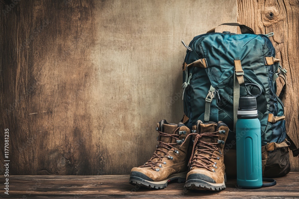 Poster essential backpacking gear for exploring nature and enjoying outdoor adventures. generative ai