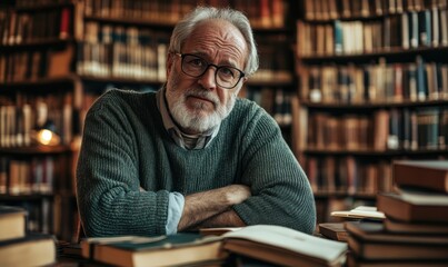 Elderly man sitting among books in a library, deep in thought