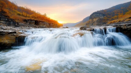 The vibrant colors of the setting sun cast a warm glow over the cascading waterfall, creating a striking contrast with the dark shadows of the surrounding cliffs